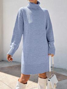 EURMUSE 休闲宽松高领长袖纯色女式毛衣连衣裙 - 淺藍色 - 查看 2