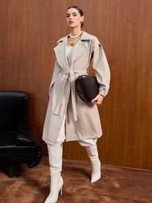 CLARA VERO Trench Coat With Wide Lapel Collar, Long Sleeves With Elastic Cuffs, Waist Tie Belt, Knee-Length, Classic And Stylish Design - Beige - View 5