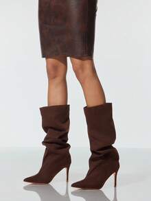 SHUZIA 时尚光滑女士巧克力色仿麂皮及膝舒适高跟一脚蹬款式别致精致假日趣味靴子秋冬 - 巧克力棕 - 查看 2
