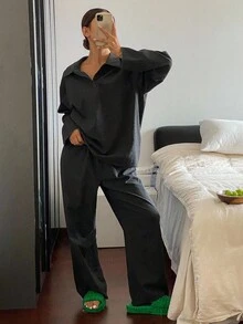 Livesso 极简条纹半扣荷叶边家居服套装，舒适保暖，秋冬睡衣 - 黑色 - 查看 5