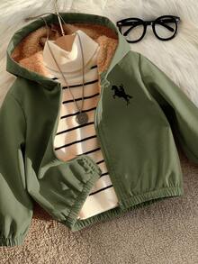 SHEIN 男女通用婴儿休闲可爱百搭卡其色羊毛加厚连帽夹克，男婴/女婴秋冬装 - 軍綠色 - 查看 2