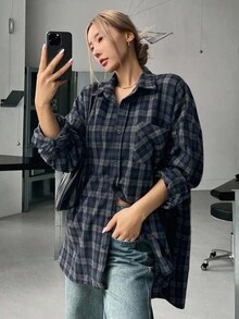 DAZY 女士宽松格子街头休闲校服衬衫，法兰绒女士长袖上衣