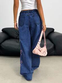 Tween 女童休闲通勤蝴蝶结刺绣宽松阔腿牛仔裤 - 深色水洗藍 - 查看 2