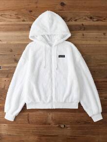 SHEIN Essnce Áo khoác nỉ hai mặt có khóa kéo, kiểu dáng tối giản, thêu chữ tiếng Anh, thích hợp cho mùa thu/đông, áo khoác nỉ có khóa kéo dành cho nữ. - Nhiều màu - Xem 6