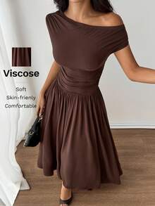 SHEIN PETITE 女士优雅超级百搭弹力面料黑色或日常穿着、派对、露肩、大码女装、A 级长裙 - 咖啡棕 - 查看 3