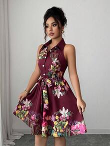 Elenzga 女士优雅花卉印花露肩系带连衣裙 - 彩色 - 查看 5