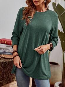 EMERY ROSE Plus Size Round Neck Long Sleeve Casual Loose Soft Appealing Winter T-Shirt,Fall Clothes - Dark Green - View 5