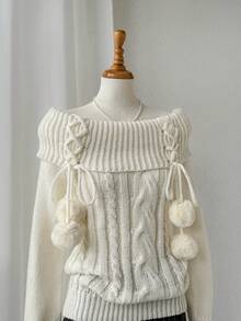 Comfortcana 女士休闲纯色露肩交叉带毛衣，秋冬 - 米色 - 查看 7