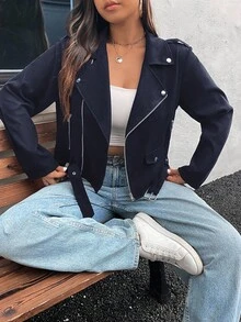 SHEIN Essnce Plus Size Casual Versatile Suede Biker Jacket, Autumn/Winter - Navy Blue - View 6