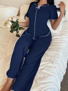 SHEIN Côtesoire 女士 V 领前短后长白色蝴蝶结荷叶边柔软薄牛奶丝短袖裤，休闲舒适家居服 2 件套 - 藍色 - 查看 5