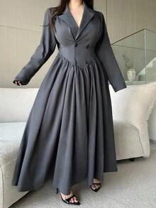 Flirla Plus Size Women Casual Cinched Waist Gray Long Sleeve Jacket