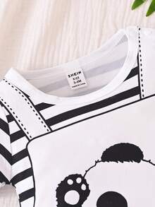 SHEIN Playful Pals 嬰兒男童短袖條紋連體衣，卡通熊貓印花，夏季