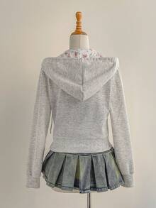 Elamini 女士灰色碎花连帽拉链运动衫，带口袋，休闲简约百搭舒适套头衫，适合户外、运动、家居服和日常穿着 - 灰色 - 查看 4