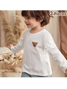 Loomiva 3件套男童休闲舒适纽扣polo衫，圆领短袖T恤套装，长袖衬衫，条纹长袖衬衫，儿童长袖衬衫，男童休闲长袖衬衫，男童经典印花休闲舒适短袖T恤，适合秋冬季节，室内外皆宜，3件套，返校季，男童印花T恤，男童T恤，儿童印花T恤，男童条纹T恤，小熊印花上衣，灰色T恤，保暖内衬