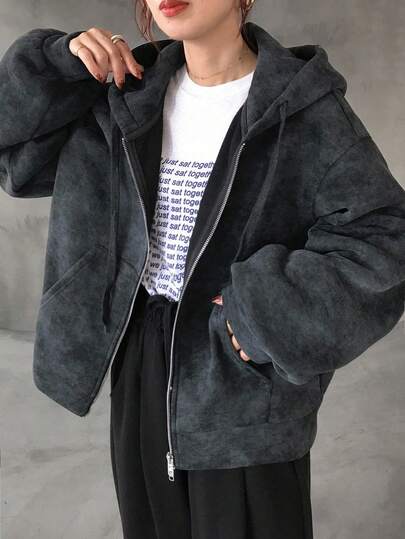 FRIFUL Sudadera con capucha oversize con efecto tie-dye en gris oscuro para mujer, sudadera casual holgada, chaqueta versátil para otoño