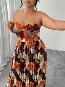 Elenzga 大码女式优雅浪漫数码印花露肩A字连衣裙，夏季度假风 - 酒紅色 - 查看 4