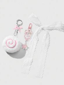 ROMWE Kawaii 3pcs Cute Fluffy Pink Plush Donut, Swirl, Resin Acrylic Butterfly, Heart, Star + 80cm White Lace Headband Combo Set, Keychain Bag Charm, Suitable For Women/Girls Daily Wear, Holiday Gift - Pink - View 4