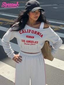 SHEIN Explorewe Conjunto de 2 piezas de sudadera con estampado de letras y correa para el hombro + pantalones deportivos casuales cómodos de contraste a rayas para adolescentes y niñas, versátil para uso diario en las 4 estaciones