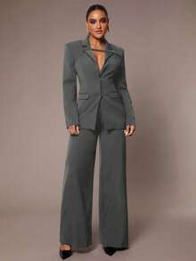 Silquee Conjunto de traje elegante de oficina para mujer, unicolor negro, diseño ajustado con blazer avanzado + pantalones anchos simples. Conjunto de traje adecuado para Acción de Gracias, Navidad, Año Nuevo. Traje de pantalón ancho para mujer.