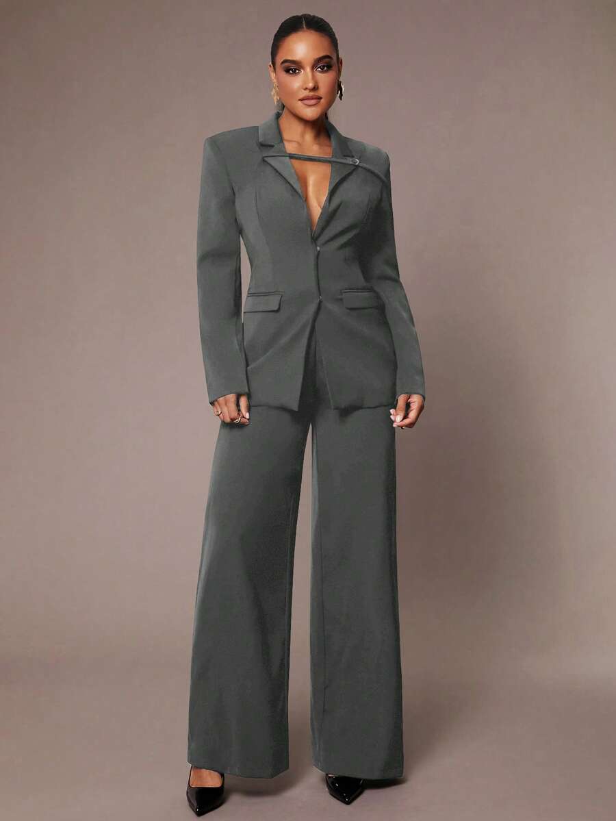 Silquee Conjunto de traje elegante de oficina para mujer, unicolor negro, diseño ajustado con blazer avanzado + pantalones anchos simples. Conjunto de traje adecuado para Acción de Gracias, Navidad, Año Nuevo. Traje de pantalón ancho para mujer.