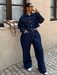 SHEIN Tall CURVE Plus Size Fall Autumn Winter Halloween Christmas New Year Business Casual Woman Country Vintage Modest Old Money Business Casual Woman Work Clothes Casual Commuter Denim Jacket + Pants 2 Pieces Set Travel, Commuting, Party, Vacation, Old Money Style, Shopping, Banquet, Elegant, Party, Date - Blue - View 5