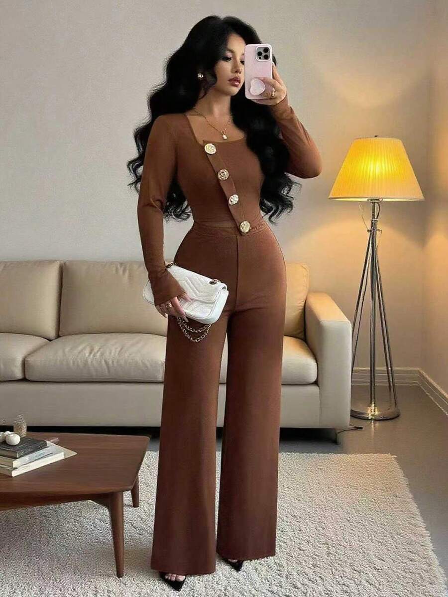 Elenzga Women's Elegant Office Commute Afternoon Tea Party Asymmetric Hem Long Sleeve Blazer Jacket And Elastic Waist Pants 2 Pieces Suit Set, Autumn/Winter Fall Cloth For Women - Brown - View 1