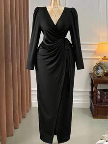 Rometta Váy dự tiệc mùa thu lấy cảm hứng từ phong cách Gothic cao cấp thanh lịch dành cho nữ cỡ lớn, váy dài tay màu đen, cổ chữ V ôm sát, thắt eo - màu đen - Xem 5