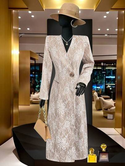 SHEIN Clasi 大码优雅复古蕾丝长款西装外套