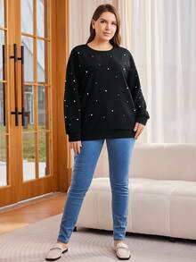 SHEIN LUNE Plus Drop Shoulder Faux Pearl Beaded Pullover Sweatshirt Winter Fall Autumn - Black - View 3