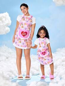 SHEIN X Care Bears 1件可爱爱心小熊图案厨房围裙，烘焙围裙，荷叶边蝴蝶结装饰，可爱围裙，两种尺寸，亲子围裙 - 彩色 - 查看 4