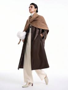 Aalyst Women's Dark Brown Leather Jacket,Chic Autumn Long Over Knee Coat,Shirt Collar,Front Button Closure,Waist Slit,Side Pockets,Office Commute Vintage - Brown - View 4