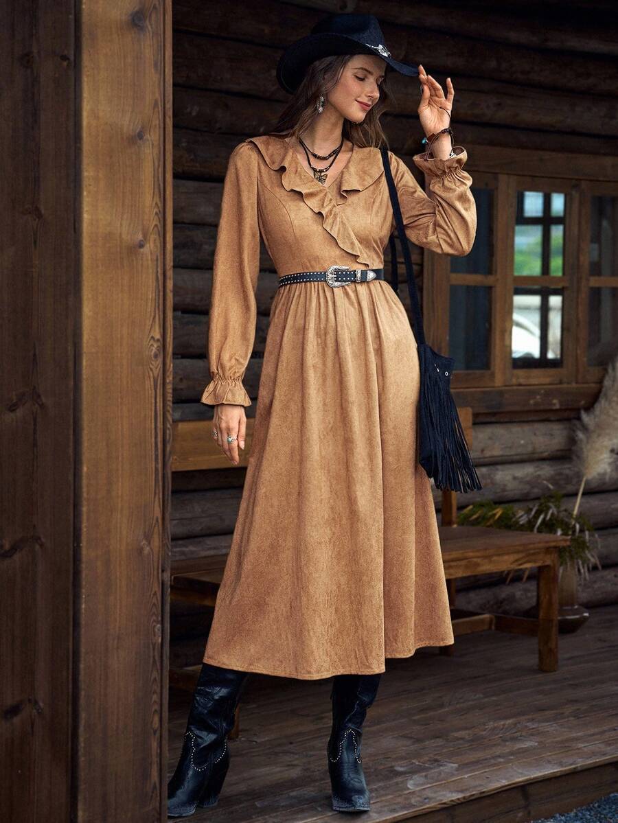 LanaWest Women's Camel Autumn Western Vacation Knitted Suede V-Neck Long Sleeve Flare Elastic Waist A-Line Brown Ruffle Collar Ruched Pocket Maxi Casual Dress - Brown - View 1