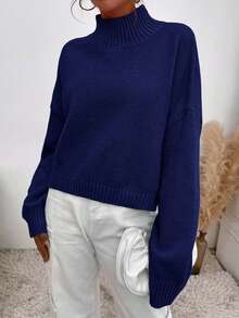 EURMUSE Mock Neck Drop Shoulder Sweater - Navy Blue - View 4