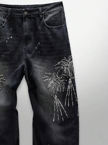 NEON BLANC X LYSMO COLLAB Men's Firework Embroidery Beaded Washed Casual Denim Jeans, Couple Things - Dark Wash - View 4