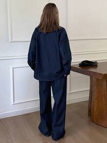 DAZY 女士休闲宽松衬衫和牛仔裤套装，秋季 - 藏蓝色 - 查看 2