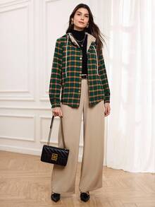 Miaspire Plaid Print Teddy Lined Snap Button Drawstring Hooded Coat - Dark Green - View 5