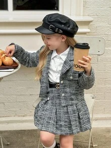 SHEIN Elladie kids Bộ đồ cho bé gái gồm áo sơ mi màu trắng bạc dễ thương phối cùng áo khoác chấm bi đen trắng và chân váy xếp ly kiểu dáng thường ngày, thích hợp cho mùa thu/đông. - màu đen - Xem 1