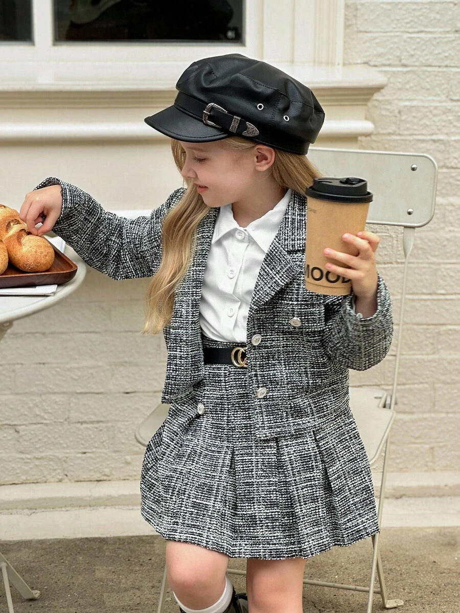 SHEIN Elladie kids Bộ đồ cho bé gái gồm áo sơ mi màu trắng bạc dễ thương phối cùng áo khoác chấm bi đen trắng và chân váy xếp ly kiểu dáng thường ngày, thích hợp cho mùa thu/đông. - màu đen - Xem 1