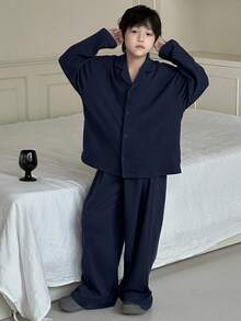 DAZY 2pcs/Set Tween Boy Long Sleeve Homewear Top And Pants Set Fall, Winter - Navy Blue - View 7