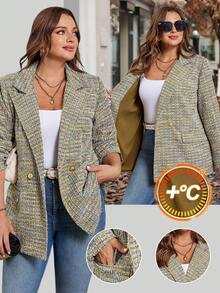 SHEIN Clasi Áo khoác blazer cổ ve kẻ caro tay dài cài hai hàng khuy thường ngày cho nữ cỡ lớn - Nhiều màu - Xem 2