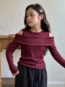 DAZY Tween Girls' Casual Solid Color Off-Shoulder Long Sleeve T-Shirt, Autumn - Rose Red - View 5