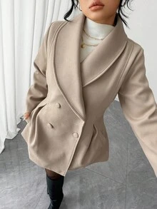 Elenzga Plus Size Fashionable Versatile Double-Breasted Overcoat, Autumn/Winter - Khaki - View 6