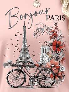 SHEIN LUNE 浪漫巴黎透气正面数码印花休闲舒适百搭长袖T恤女款春夏 - 淺粉色 - 查看 5