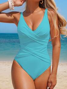 SHEIN Swim Women's Casual Pleated Patchwork Backless One-Piece Swimsuit, Elegant, Suitable For Sports And Beach, Spring/Break Collection For Summer Beach Vacation - Blue - View 3