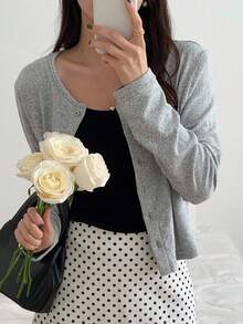 DAZY Women Loose Solid Color Round Neck Long Sleeve Open Front T-Shirt, Casual Autumn,Fall Women Clothes