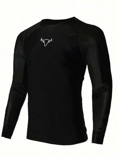 SHEIN 男童黑色撞色棕榈树印花长袖防晒泳衣，休闲学院风，舒适时尚，百搭，面料柔软，适合日常穿着、游泳、旅行、户外活动、海滩度假、潜水、冬季套装、冬季服装、秋季服装、儿童服装、黑色上衣、秋季上衣