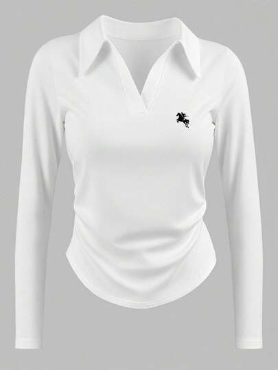 INAWLY Polo-Kragen Damen Ritter-Muster geraffete Taille Slim Fit Langarm Weiß T-Shirt, geeignet für Herbst, neuer Stil, modisches T-Shirt, Urlaubsgeschenk, Geschenk für Geschwister, Geschenk für Schwestern, Geschenk für Mutter, Muttertagsgeschenk, Lässig, einfach, modisches Oberteil