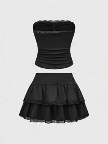 ROMWE Goth 哥特洛丽塔性感交叉蕾丝边紧身胸衣上衣和撞色蕾丝边蛋糕裙 2 件套 - 黑色 - 查看 2