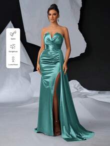 Glamrae 优雅奢华 V 领褶饰侧垂高开衩鱼尾长裙、晚礼服 - 薄荷藍 - 查看 8