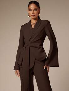 Silquee Áo khoác vest buộc eo màu trơn thanh lịch, thích hợp mặc đi làm thời trang thu đông cho nữ - Cà phê nâu - Xem 4